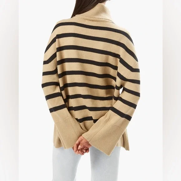 WEWOREWHAT Striped Turtleneck in Oat/Black - Picture 2 of 10
